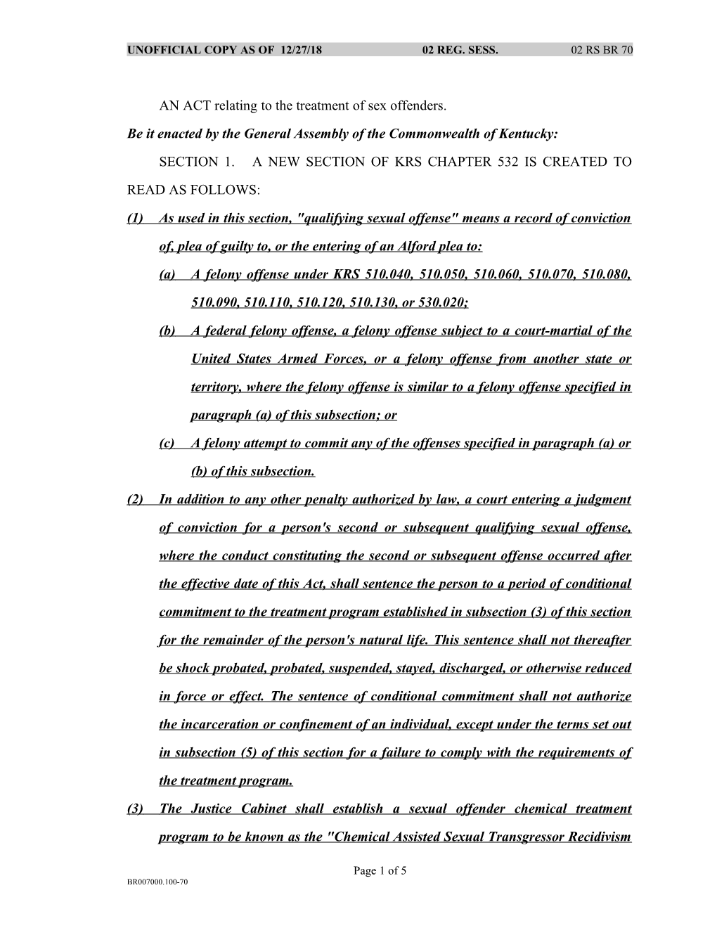AN ACT Relating to the Treatment of Sex Offenders