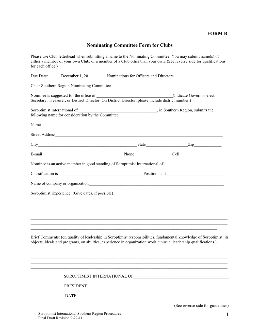 Nominating Committee Form for Clubs