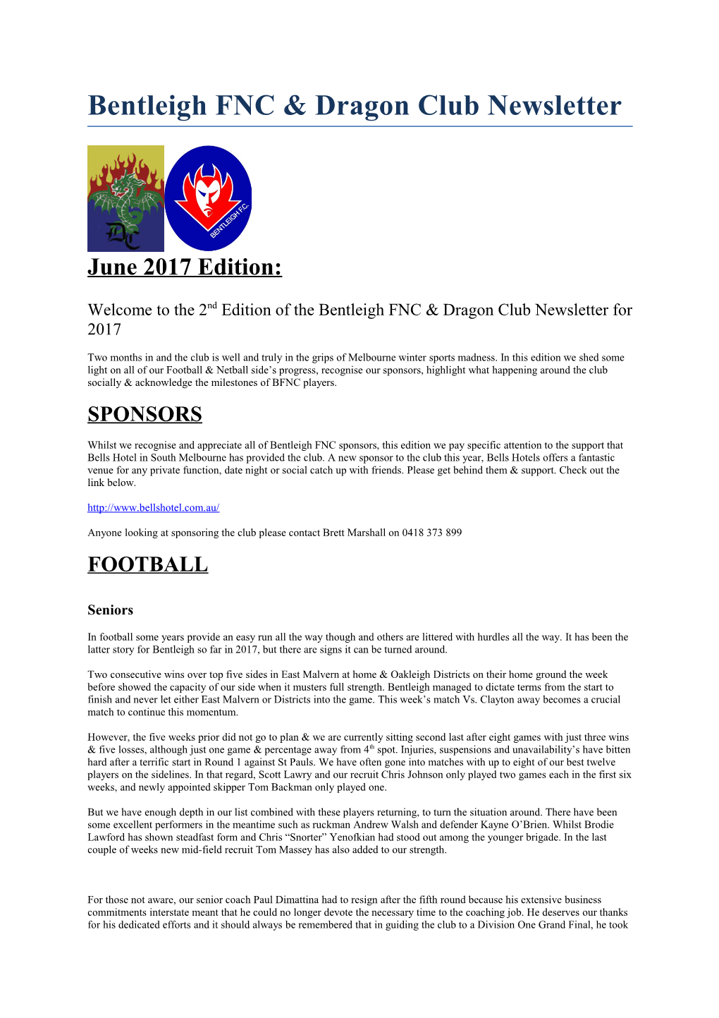 Bentleigh FNC& Dragon Club Newsletter