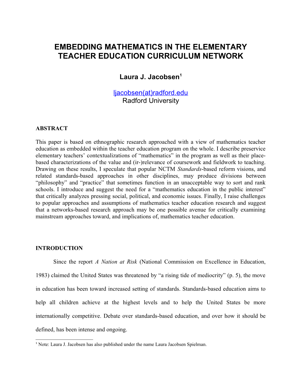 Embedding Mathematics in the Elementary Teacher Education Curriculum Network