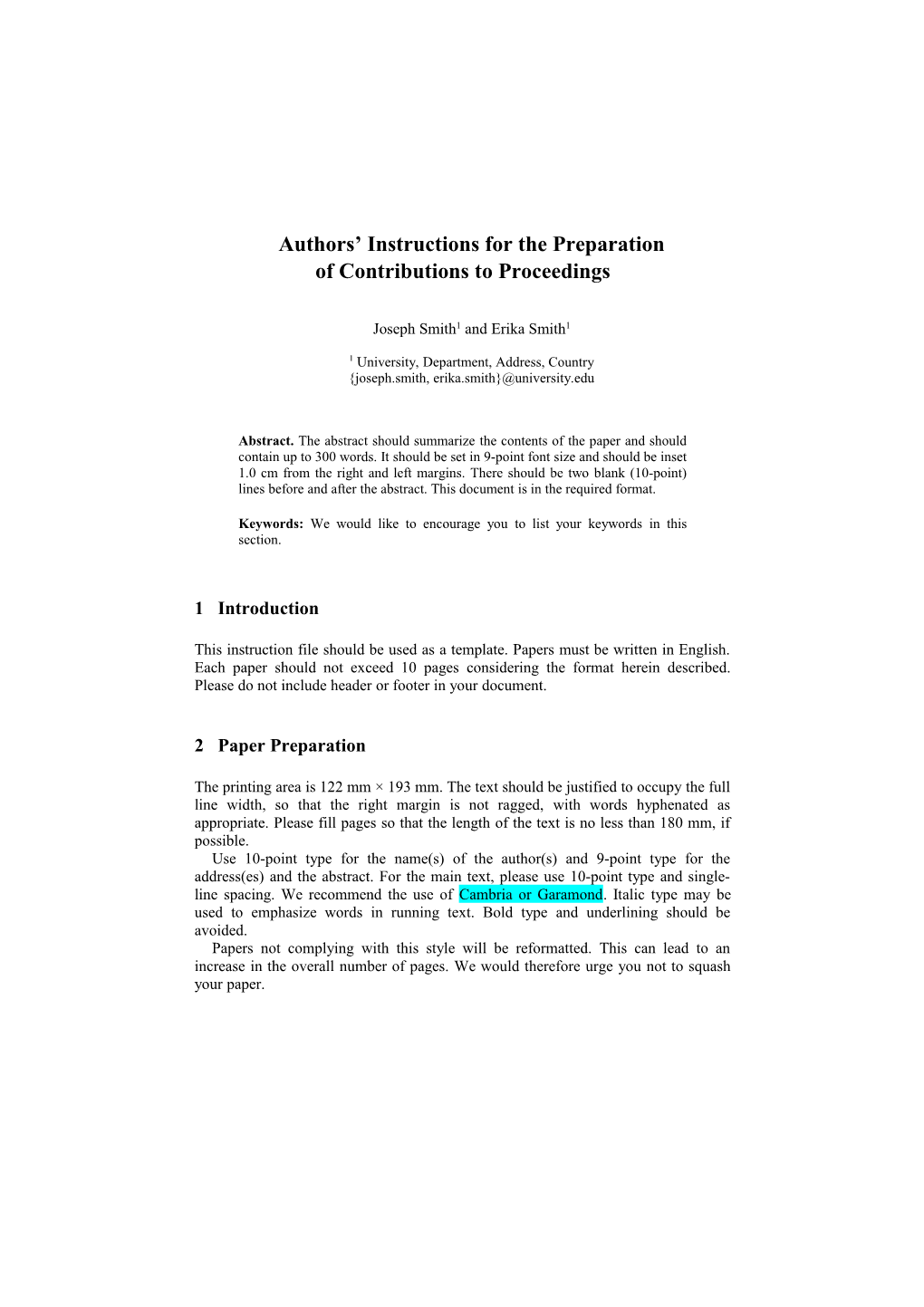 Authors Instructions for the Preparation of Contributions to Proceedings