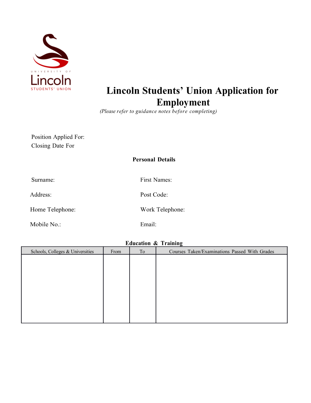 Lincoln Students Union Applicationforemployment