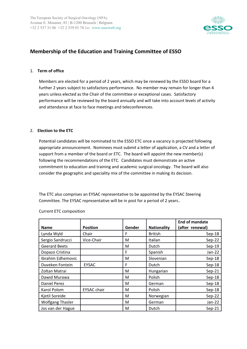 Membership of the Education and Training Committee of ESSO