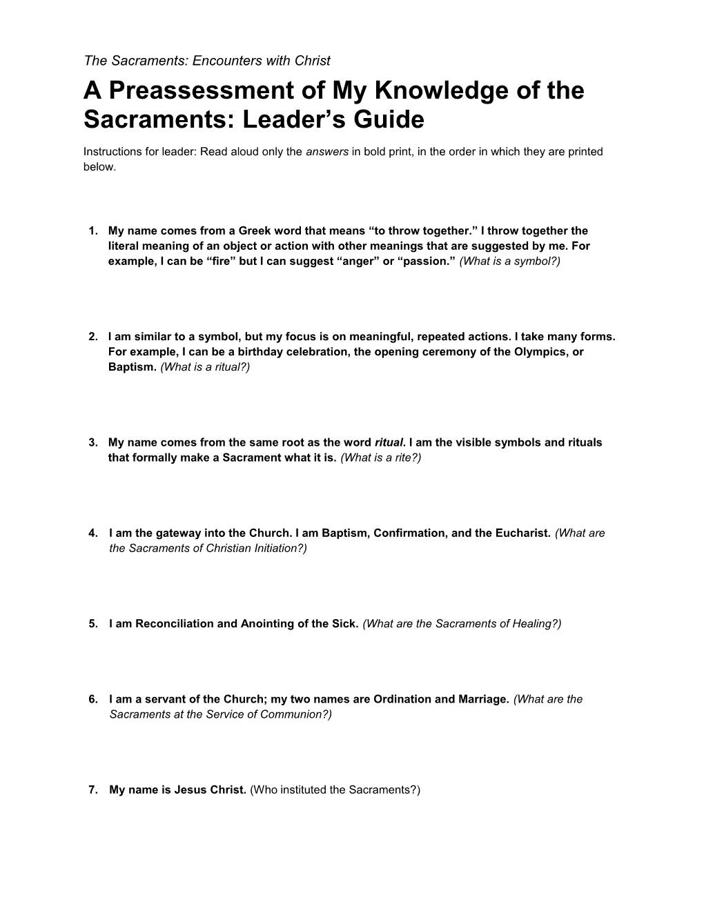 A Preassessment of My Knowledge of the Sacraments: Leader S Guide