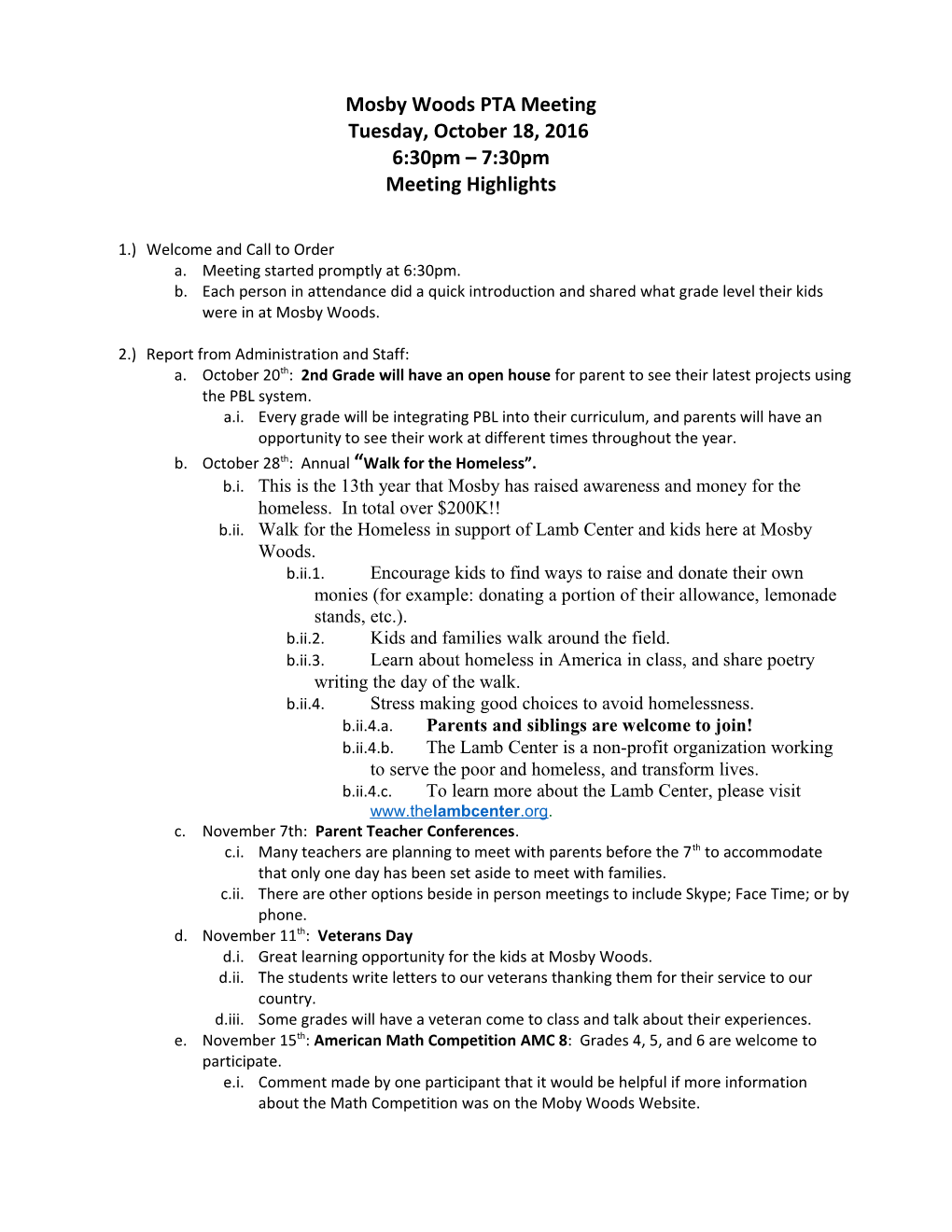 Mosby Woods PTA Meeting