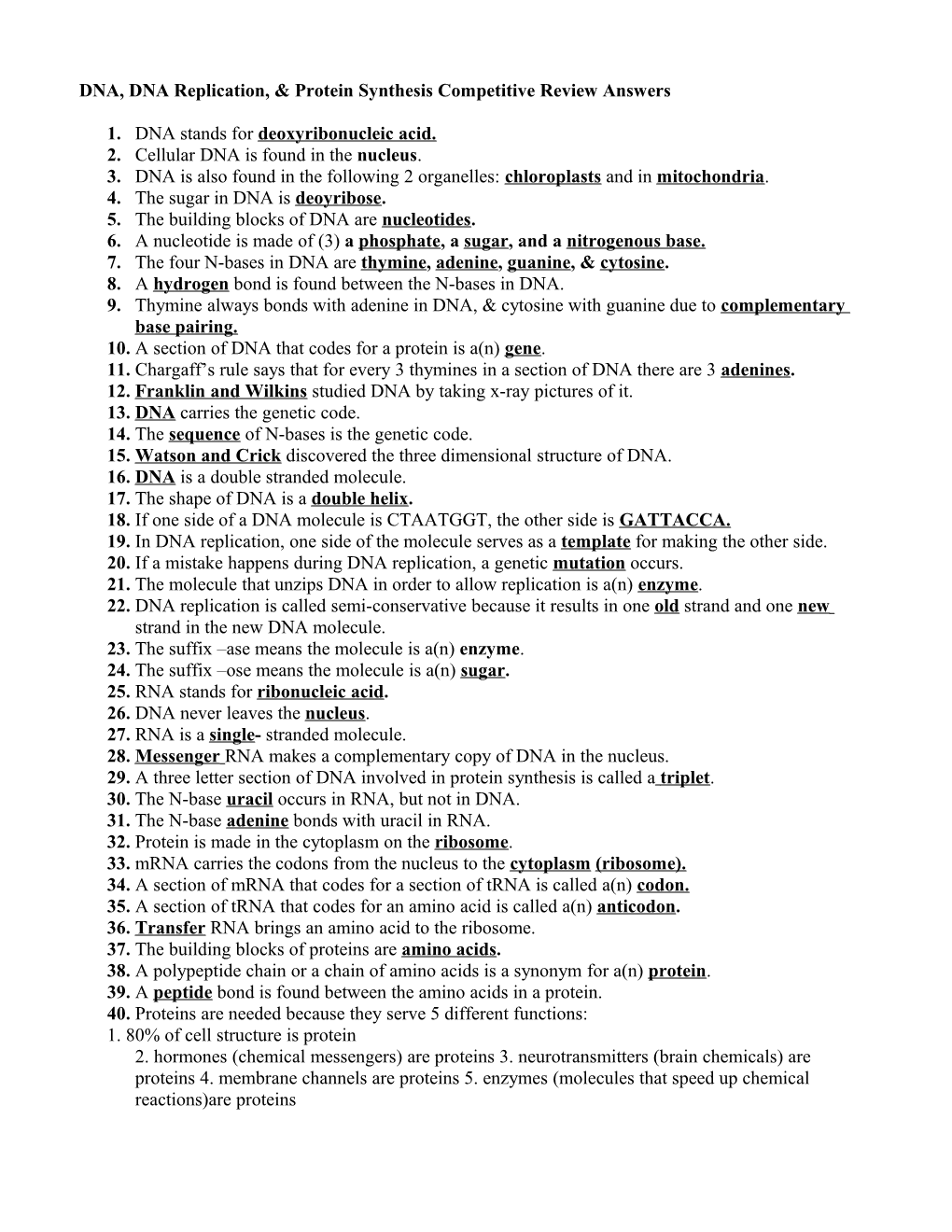 DNA, DNA Replication, & Protein Synthesis Competitive Review Answers
