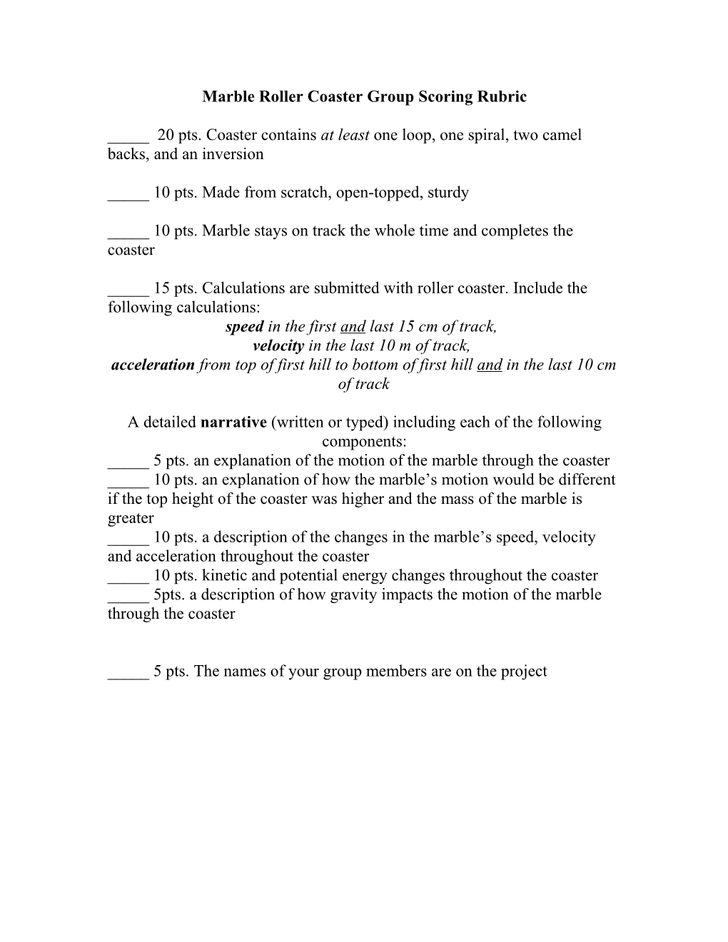 Marble Roller Coaster Group Scoring Rubric