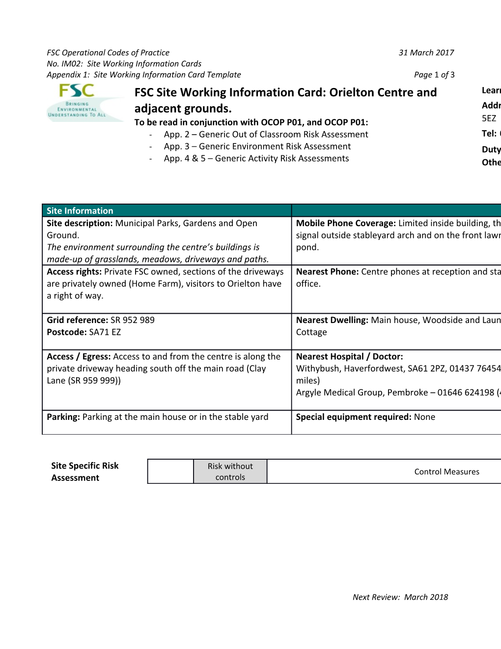 No. IM02: Site Working Information Cards