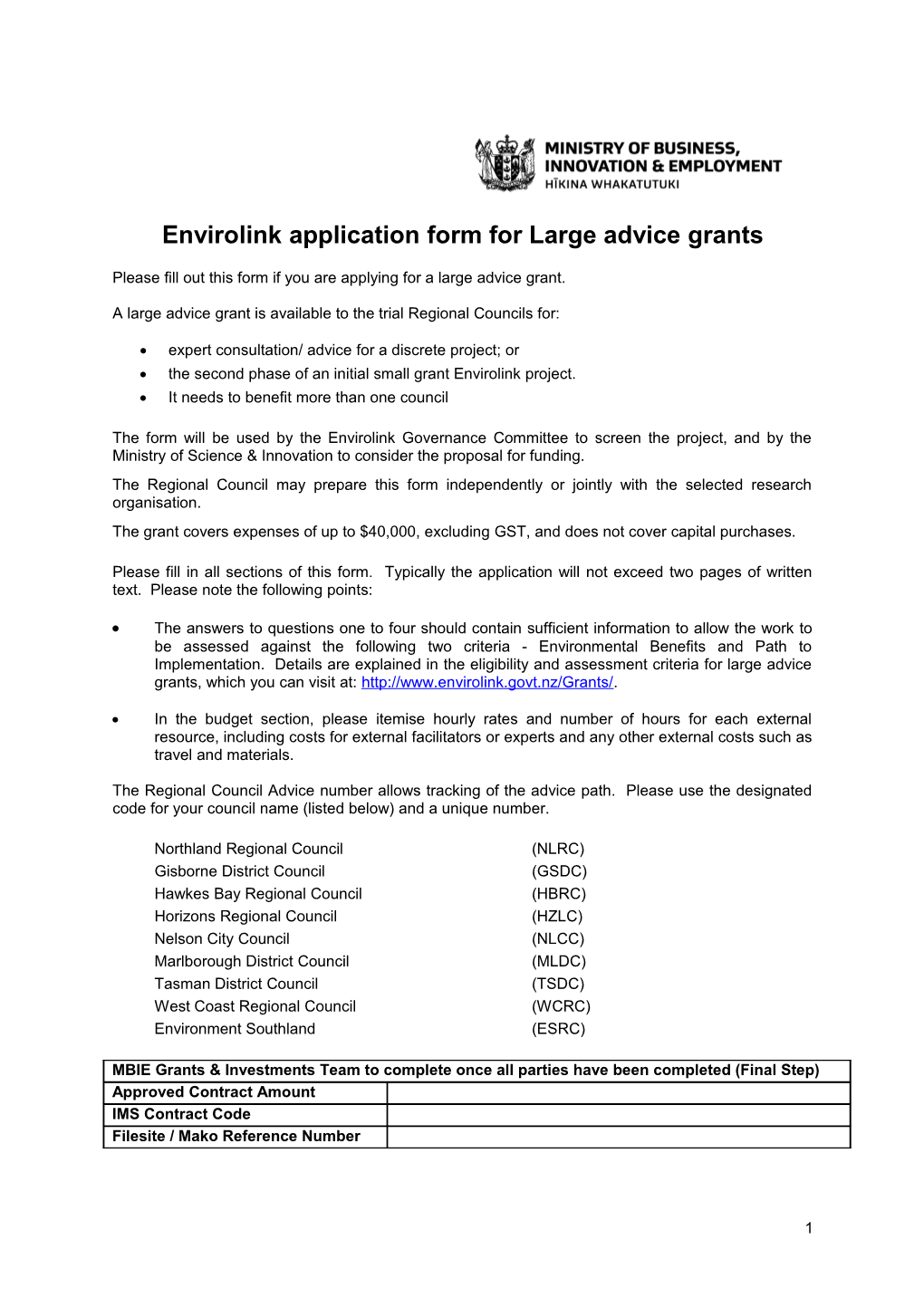 Envirolink Application Form for Large Advice Grants