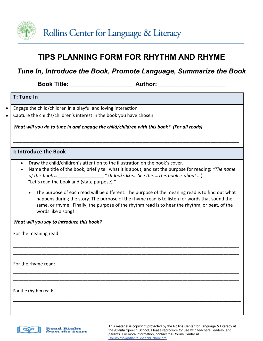Tips Planning Form for Rhythm and Rhyme