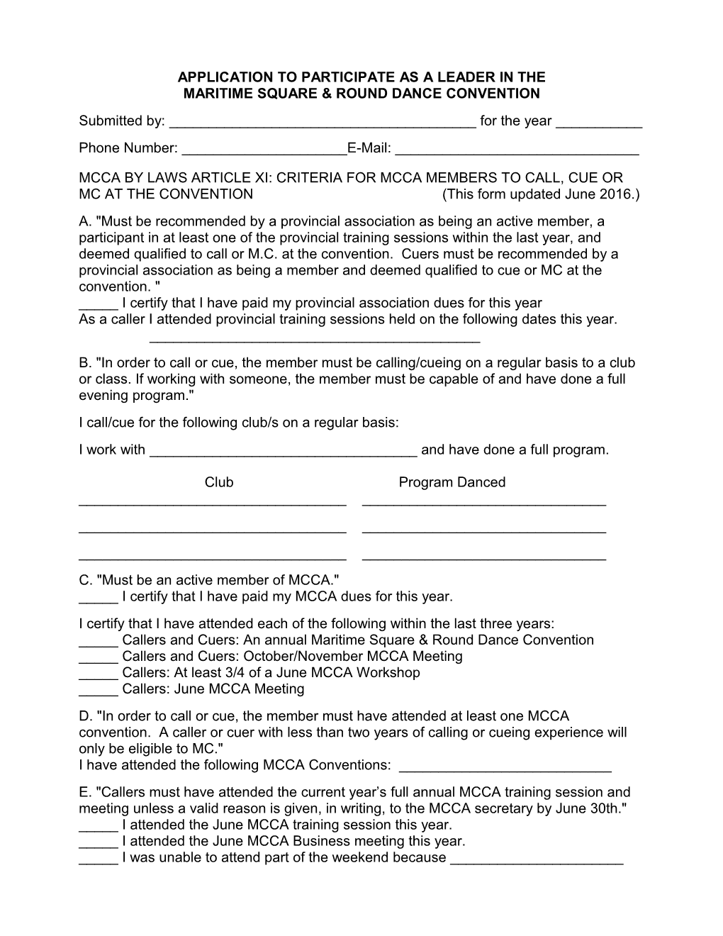 Application to Participate in the November Mcca Convention