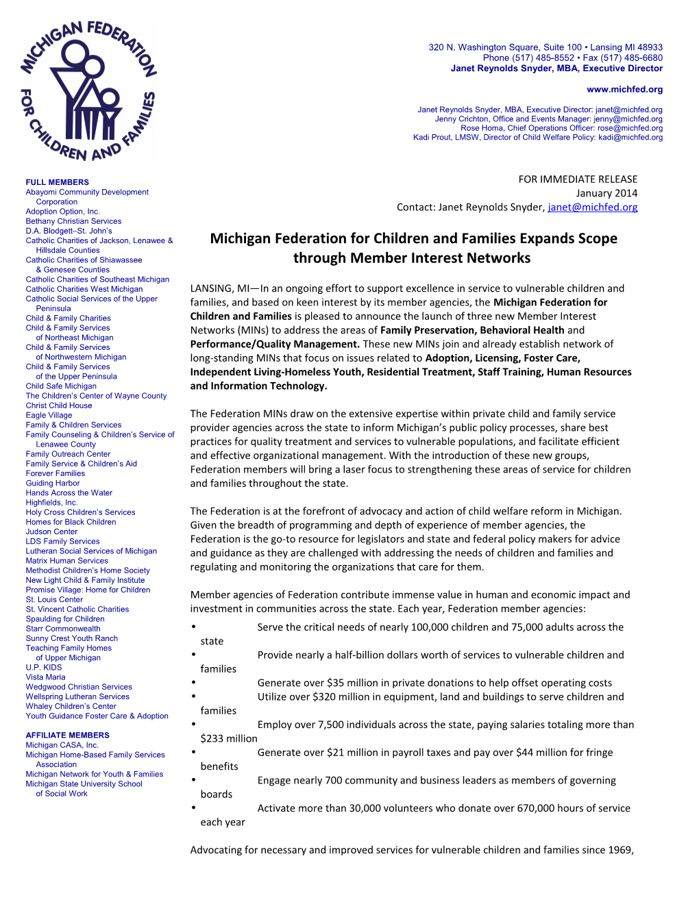 Michigan Federation for Children and Families Expands Scope Through Member Interest Networks
