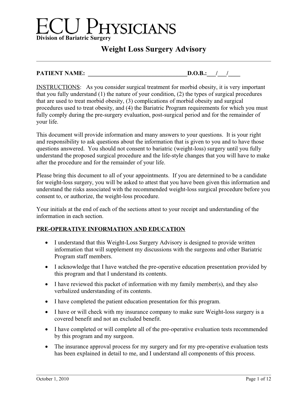 Patinet Consent for Bariatric Surgery and Acknoeledement of Receipt of Medical Information