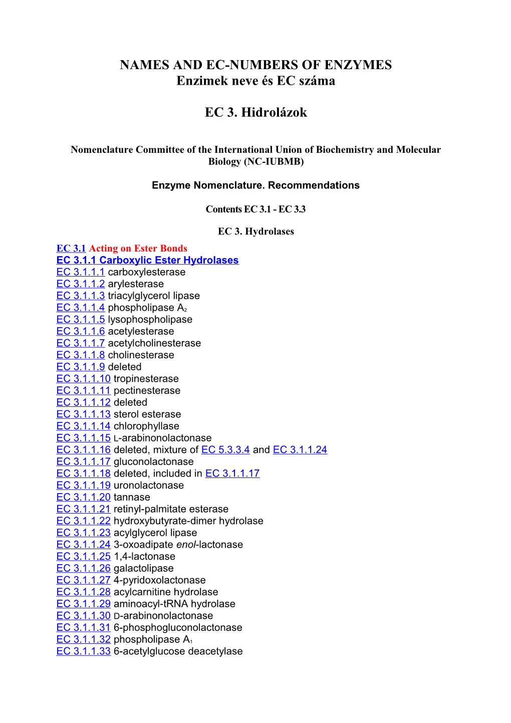 Names and Ec-Numbers of Enzymes