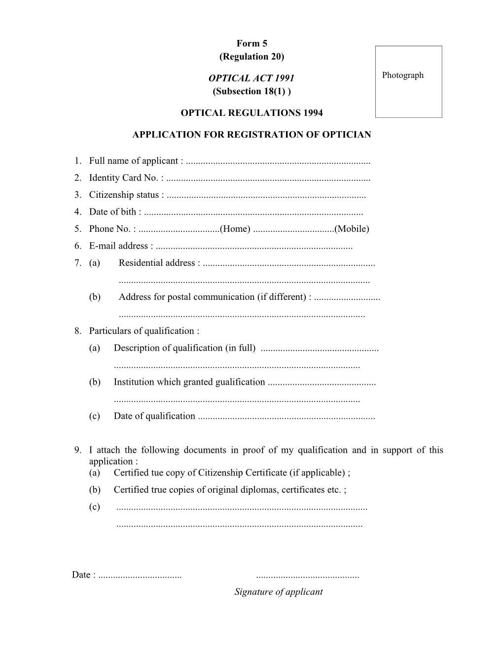 Application for Registration of Optician