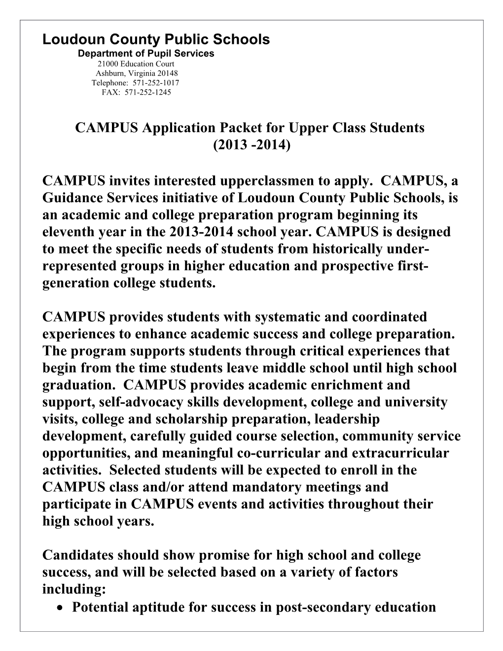 Freshman CAMPUS Application