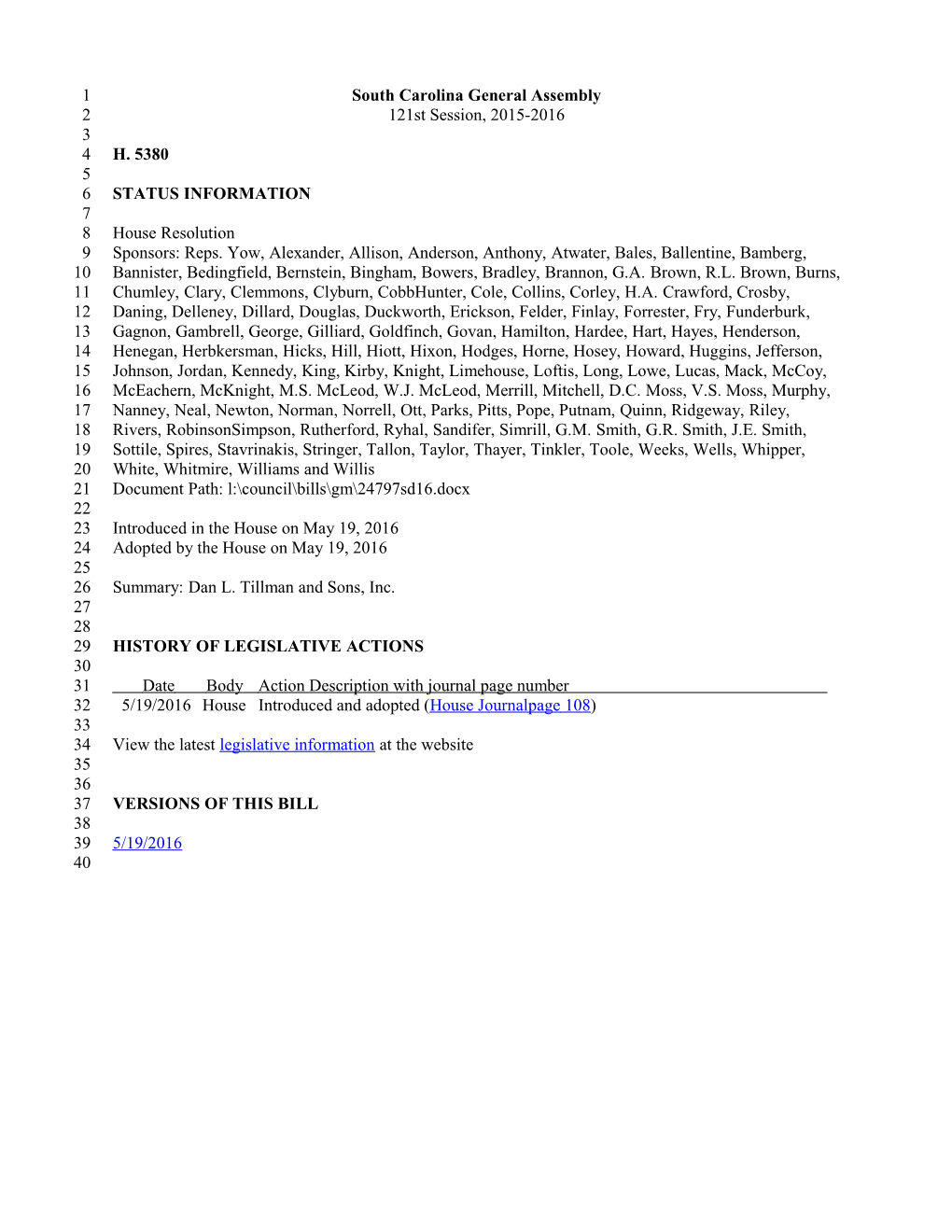 2015-2016 Bill 5380: Dan L. Tillman and Sons, Inc. - South Carolina Legislature Online