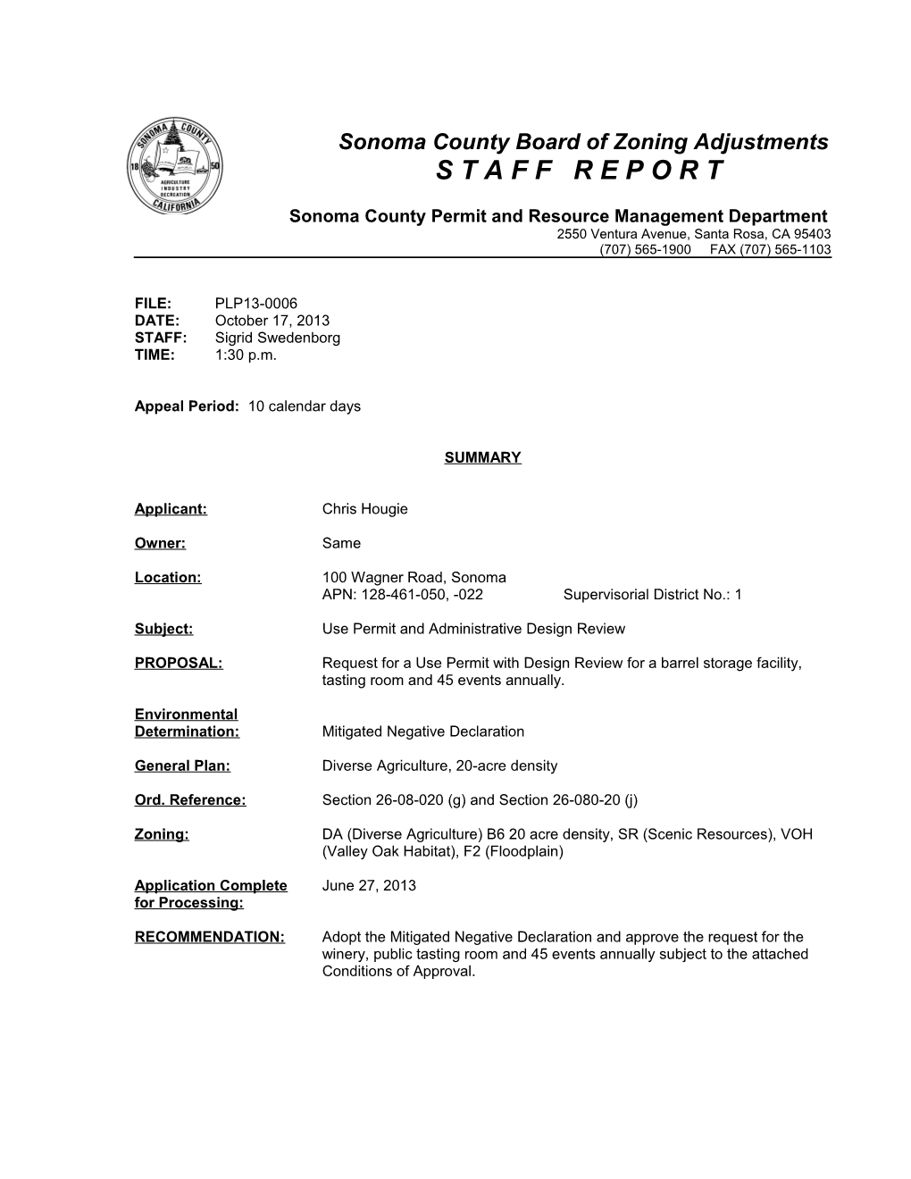 Sonoma County Board of Zoning Adjustments S T a F F R E P O R T
