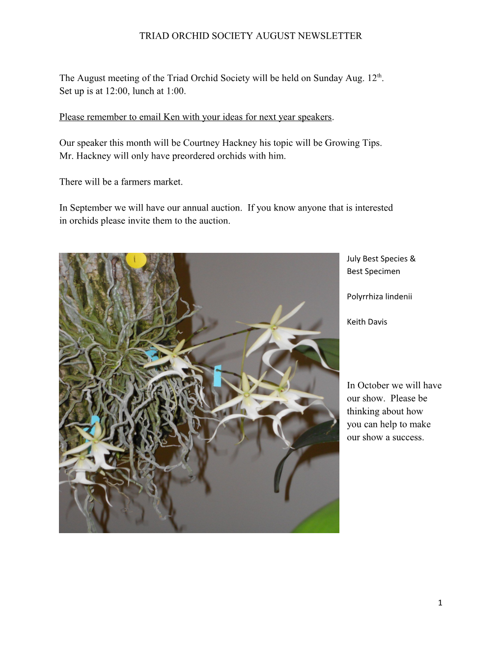 The August Meeting of the Triad Orchid Society Will Be Held on Sunday Aug