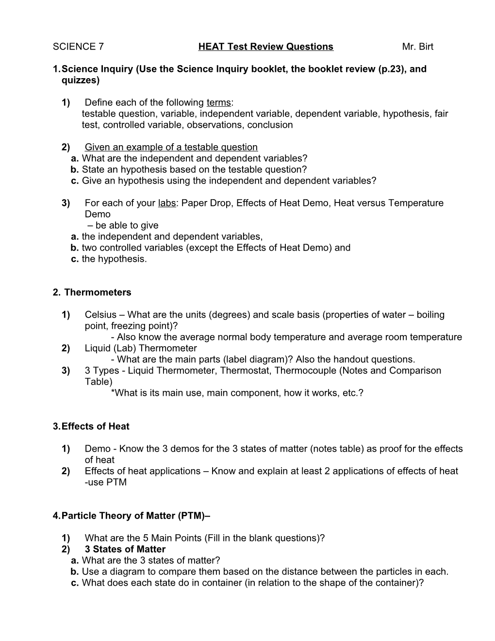 SCIENCE 7 HEAT Test Review Questions Mr. Birt