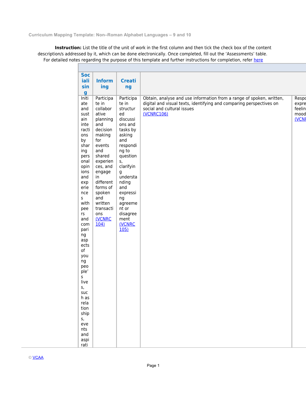 Curriculum Mapping Template: Non Roman Alphabet Languages 9 and 10