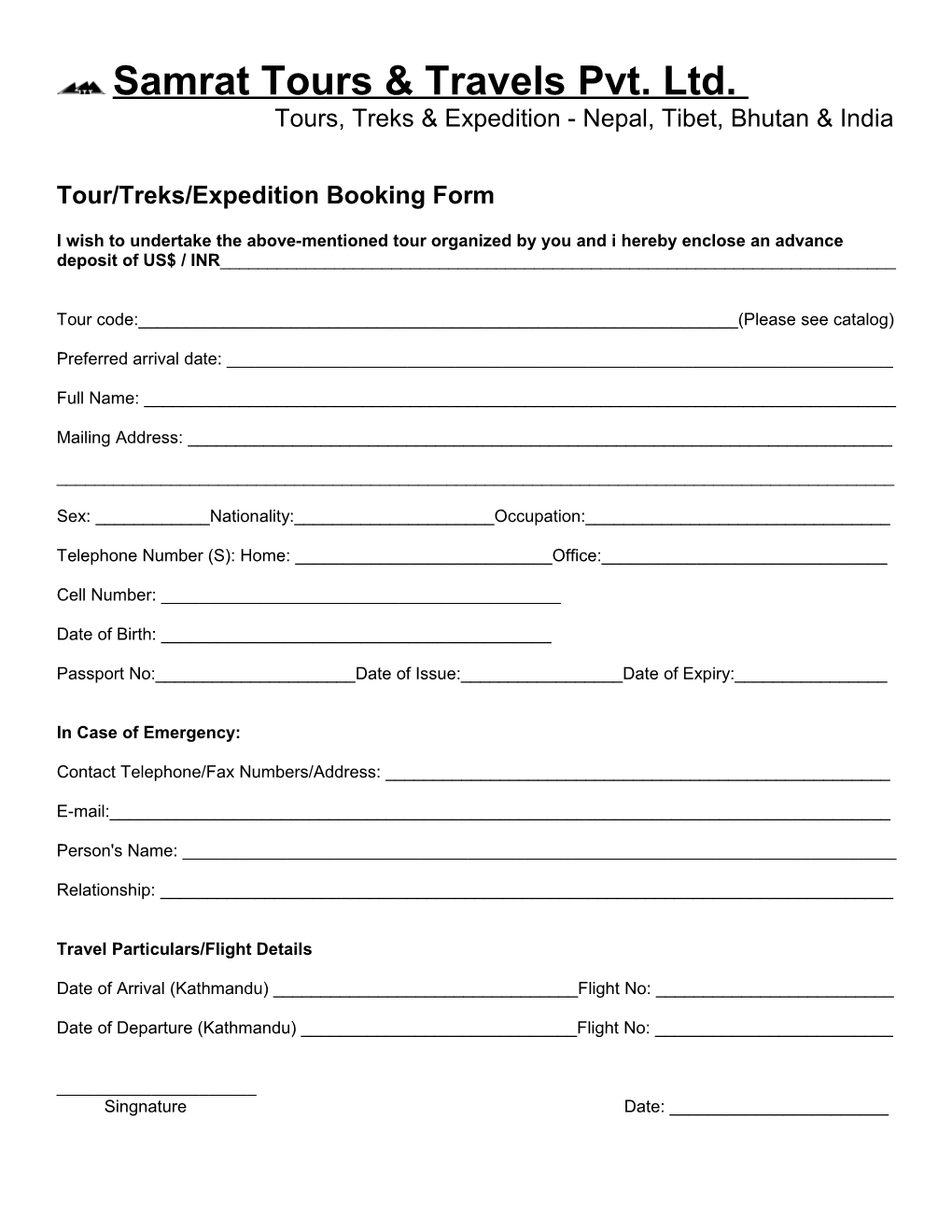 Tour/Treks/Expedition Booking Form