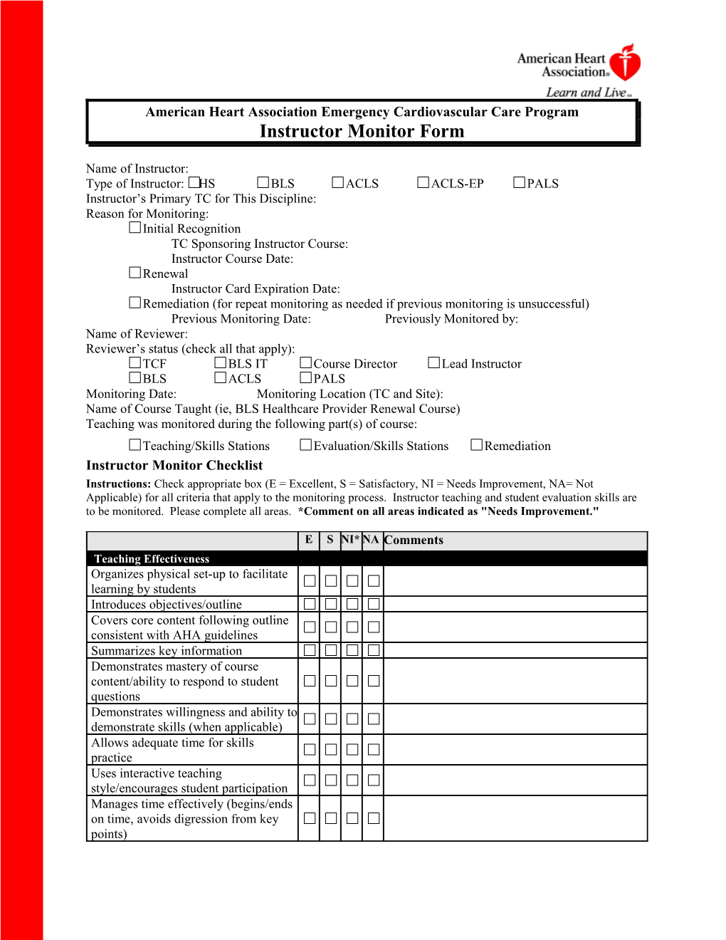 2004 PAM Instructor Monitor Form