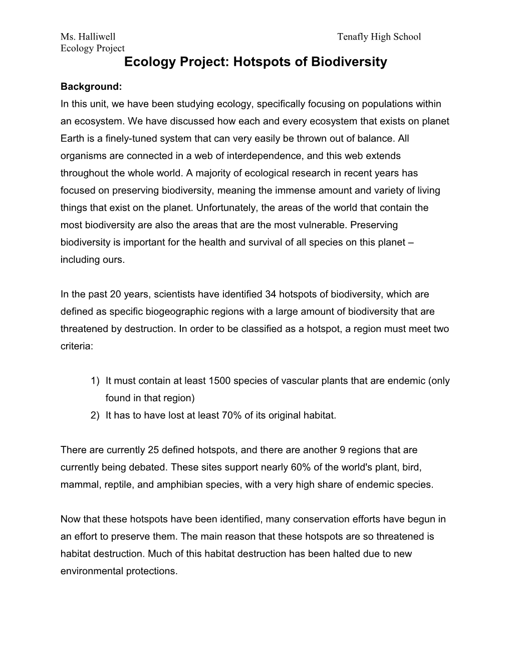 Ecology Project: Hotspots of Biodiversity