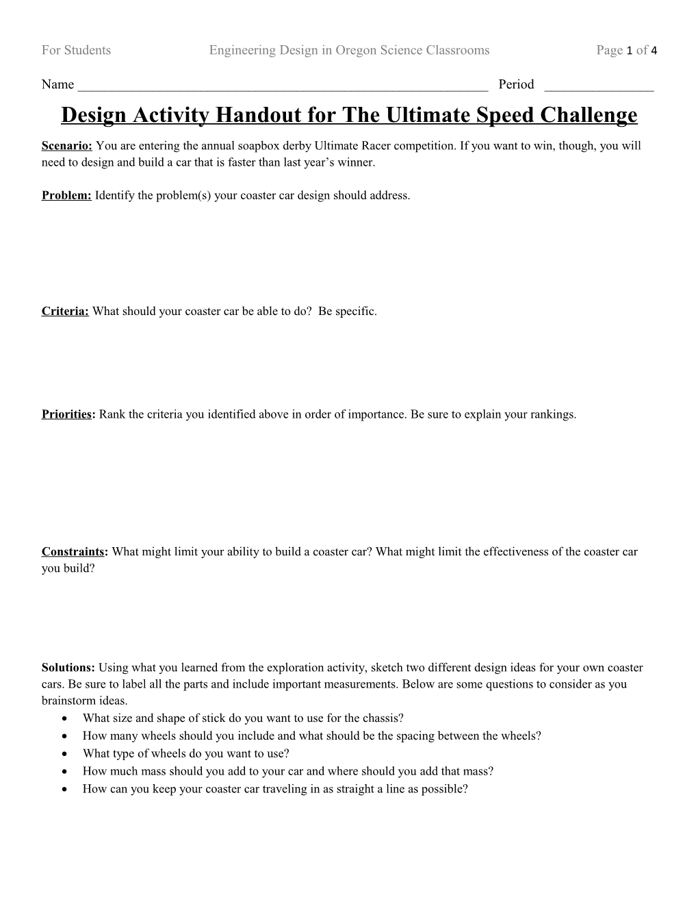 Design Activity Handout for the Ultimate Speed Challenge