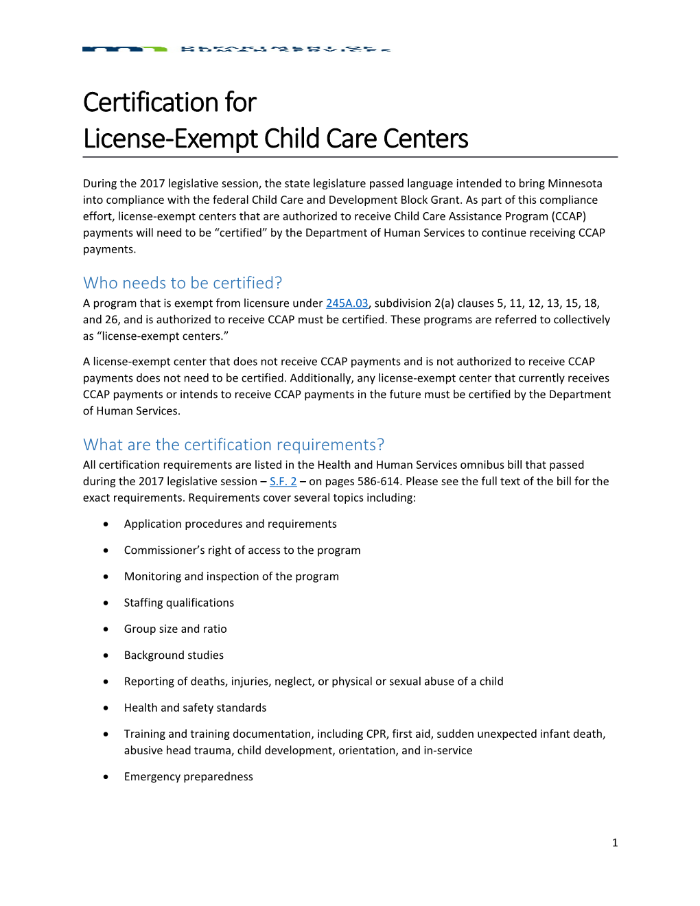 Certification for License-Exempt Child Care Centers