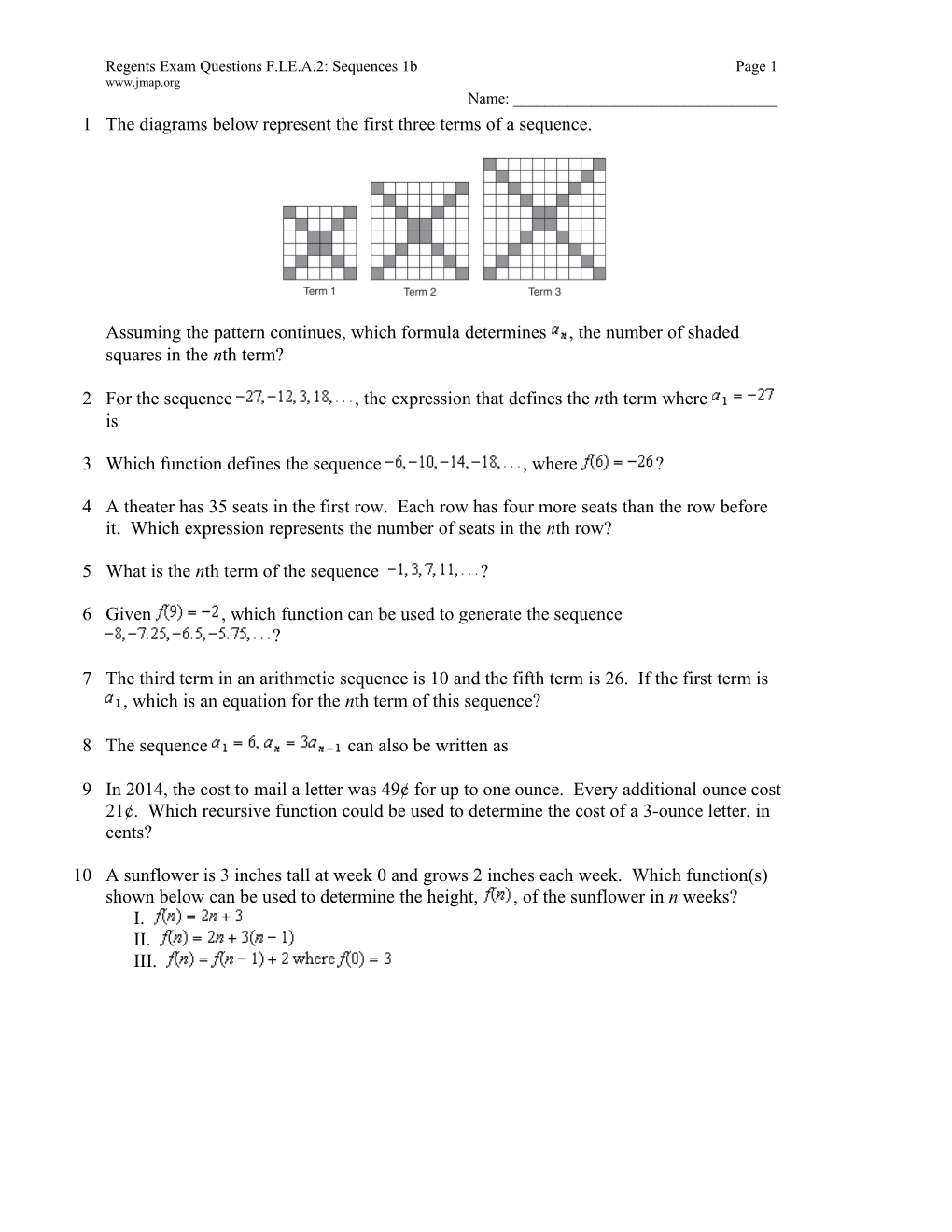 Regents Exam Questions F.LE.A.2: Sequences 1Bpage 1