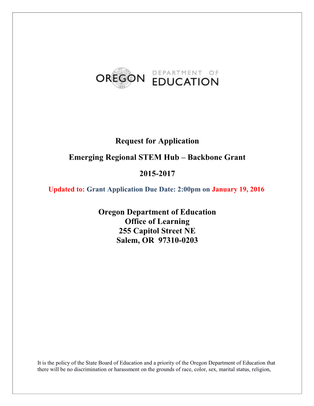 Emerging Regional STEM Hub Grant 2015-17 RFP