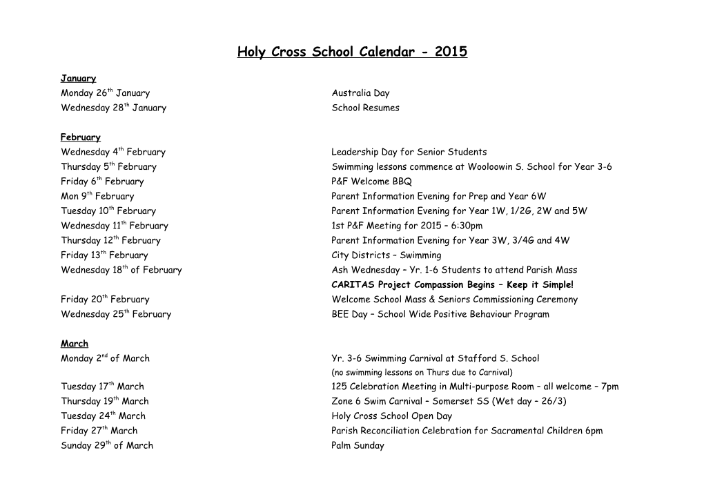Holy Cross School Calendar - 2015