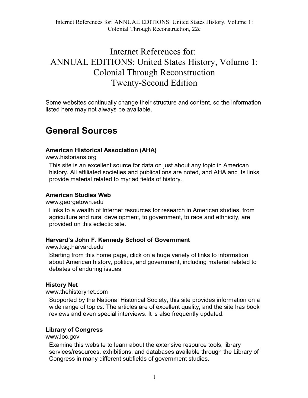 ANNUAL EDITIONS: United States History, Volume 1: Colonial Through Reconstruction