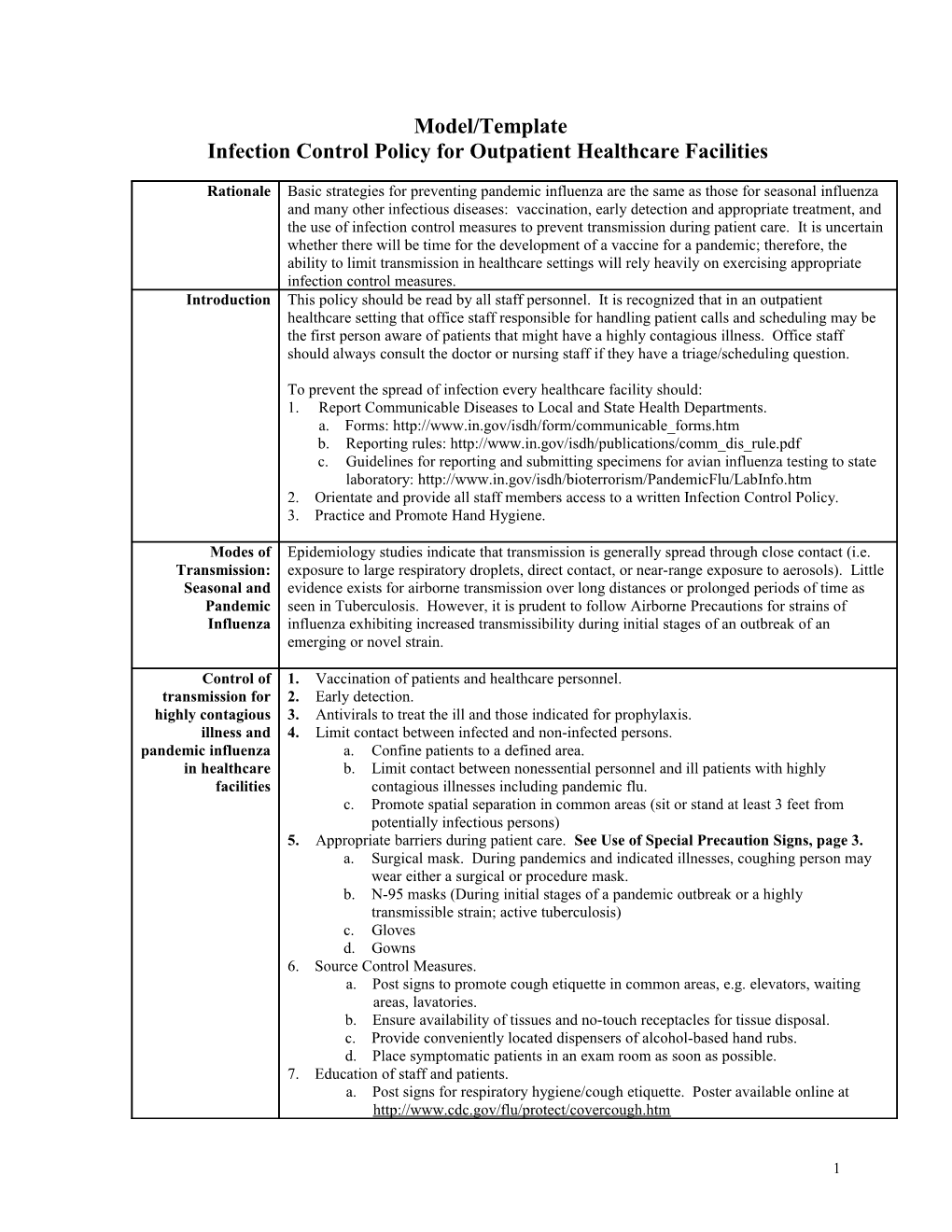 Infection Control Policy for Outpatient Healthcare Facilities