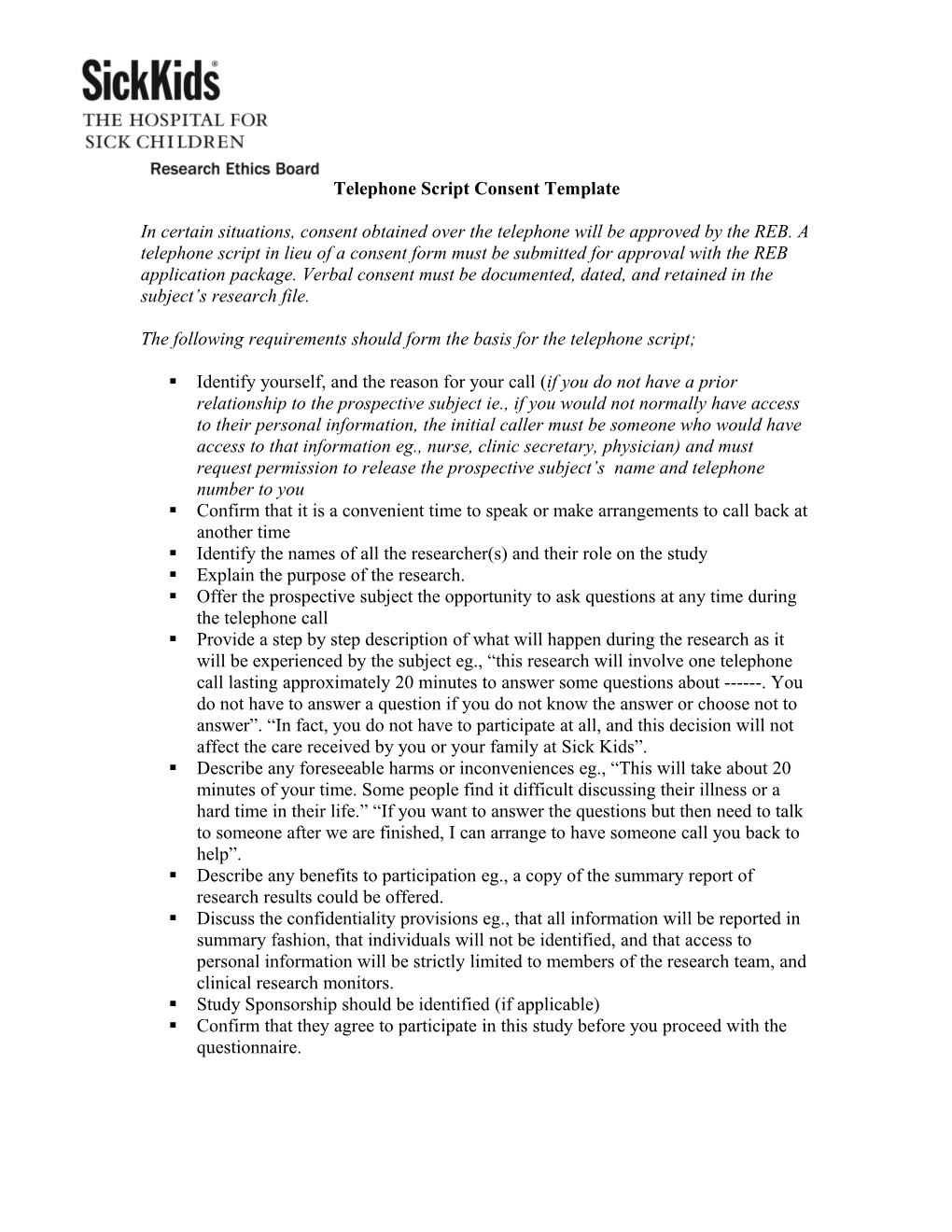 Consent Form Template for Telephone Scripts (June 2006)