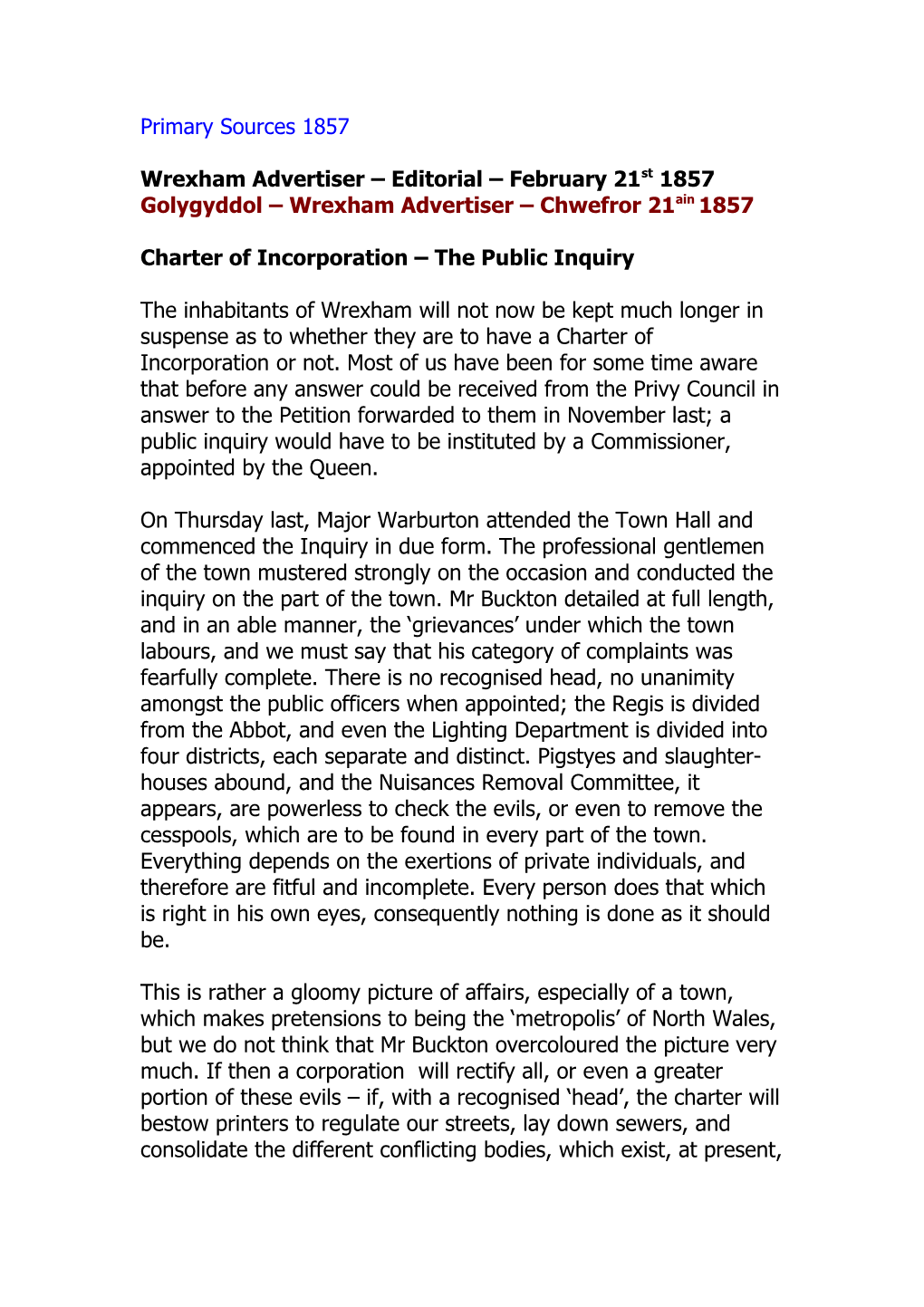 Golygyddol Wrexham Advertiser Chwefror 21Ain 1857
