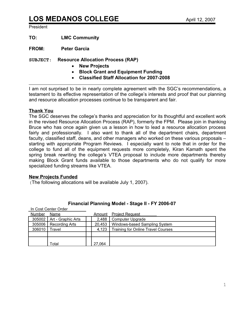 SUBJECT:Resource Allocation Process (RAP)