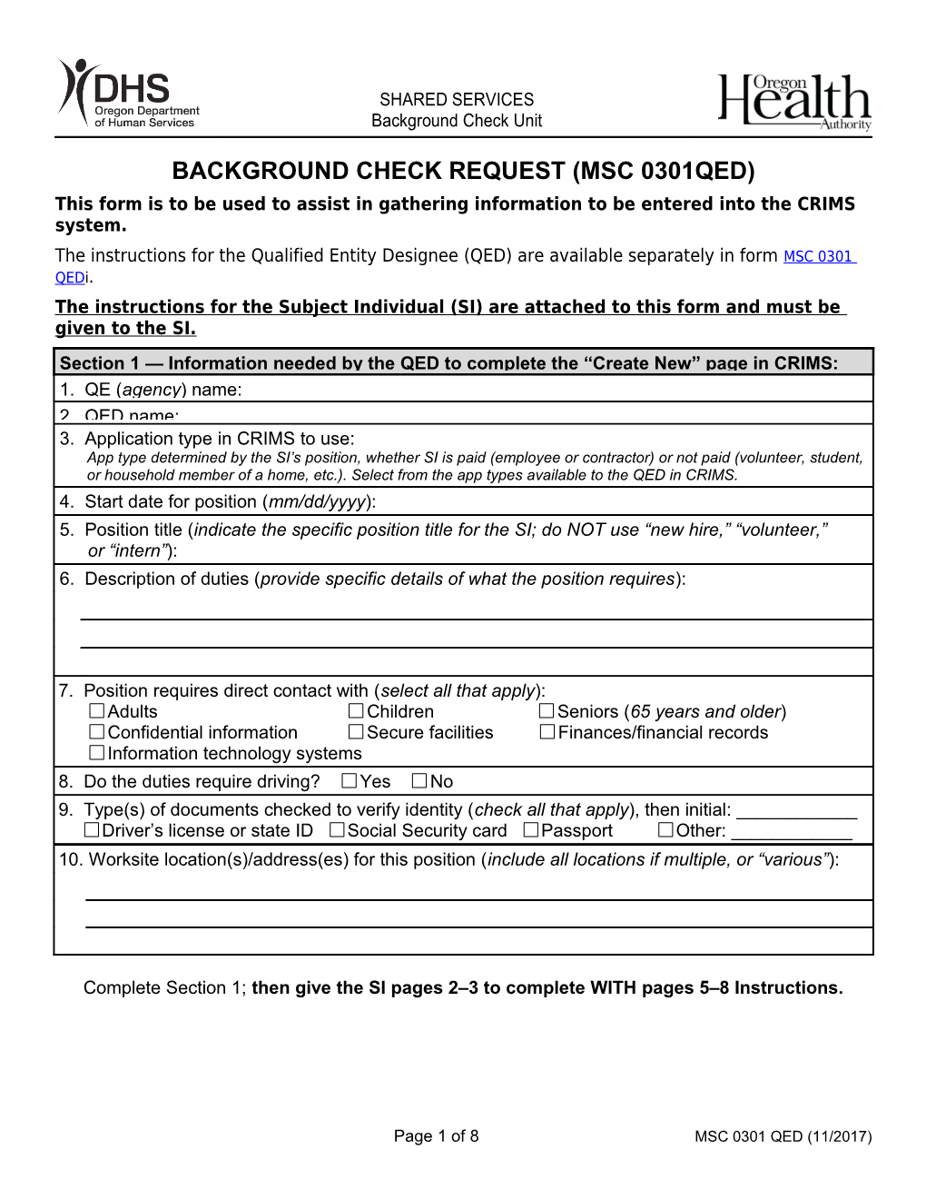 Background Check Request (301QED) 11/12