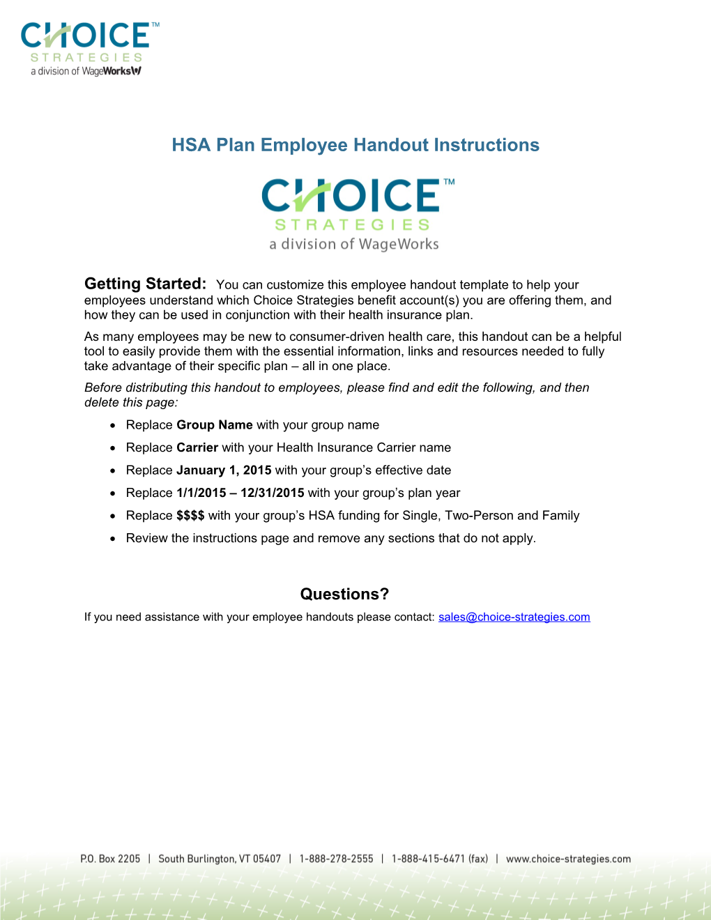 HSA Plan Employee Handout Instructions