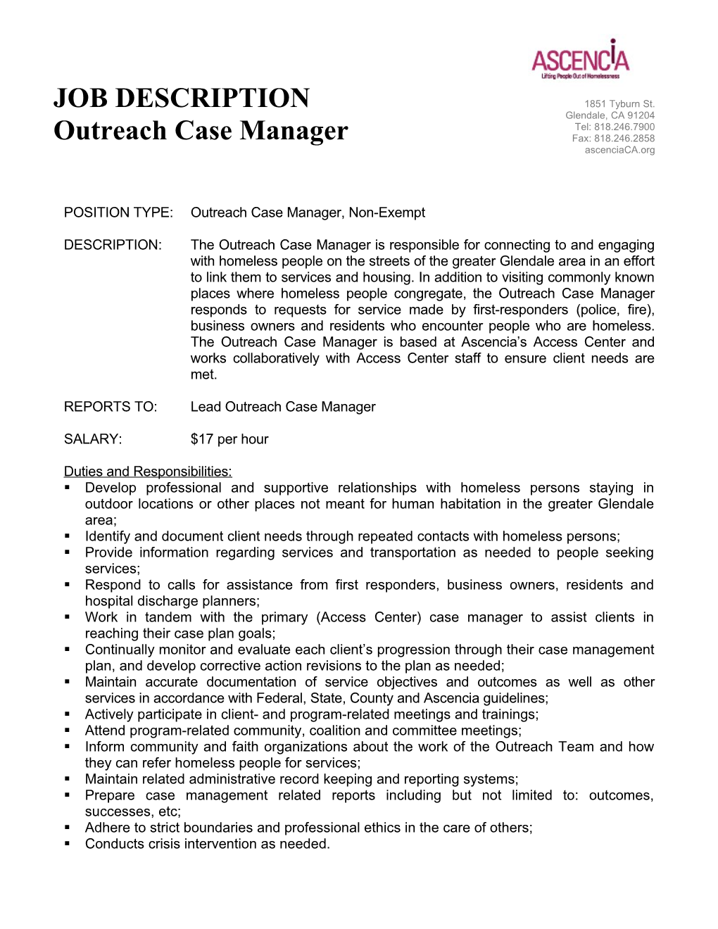 POSITION TYPE:Outreach Case Manager, Non-Exempt