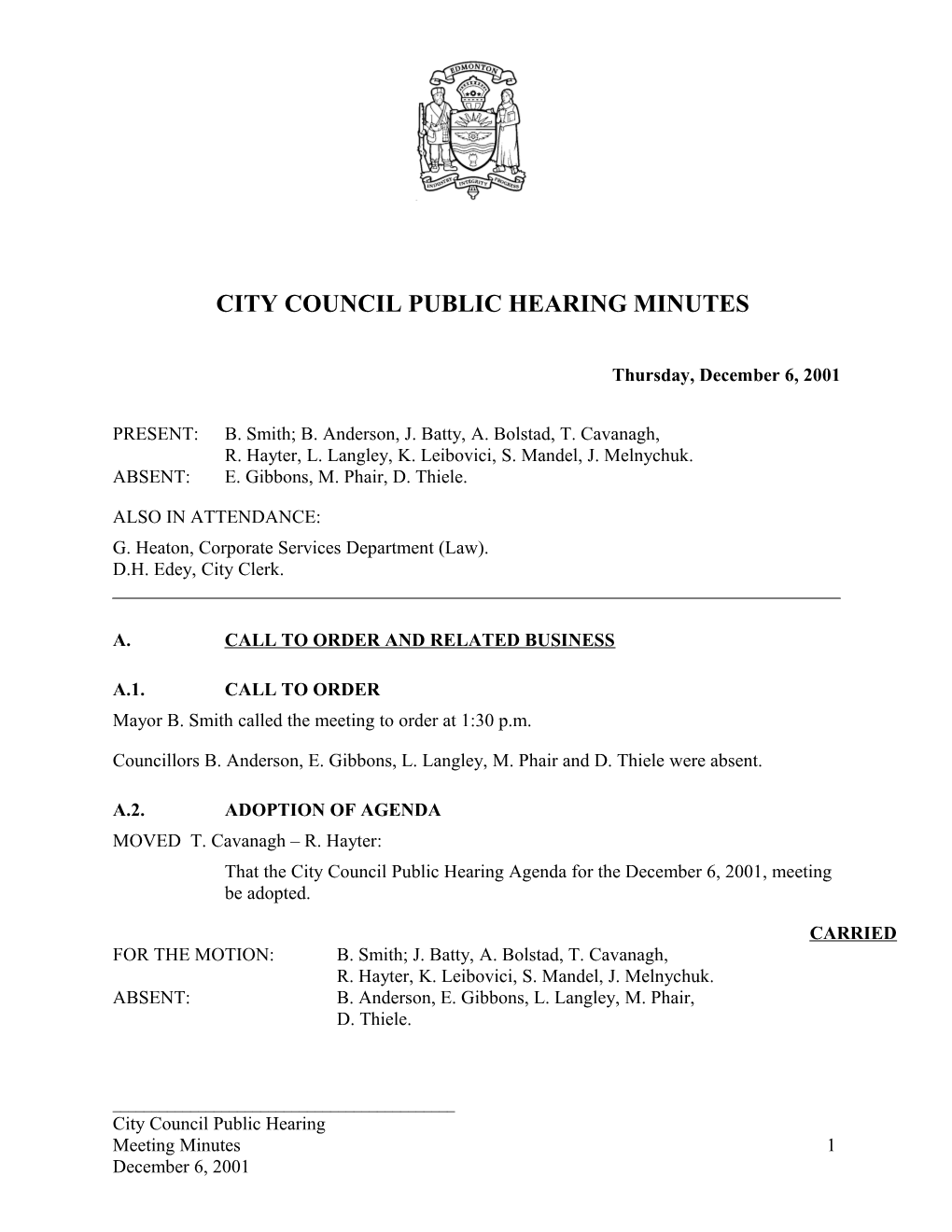 Minutes for City Council December 6, 2001 Meeting