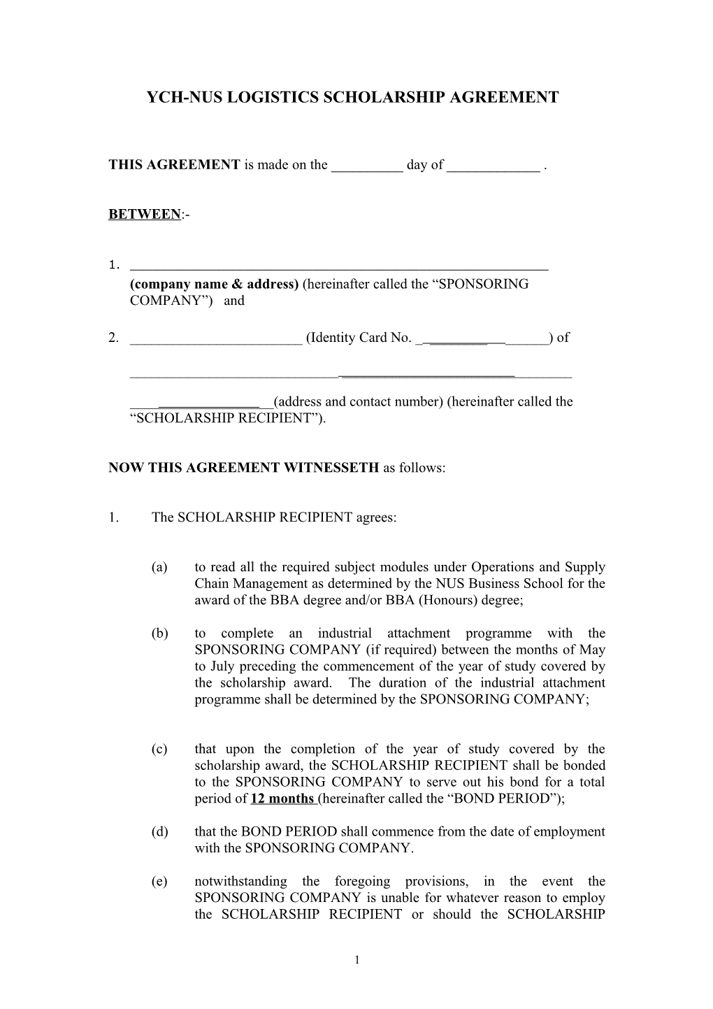 Ych-Nus Logistics Scholarship Agreement