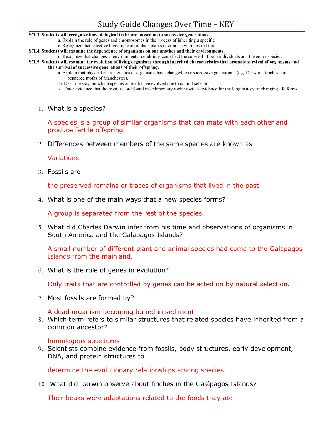 Study Guide Changes Over Time KEY