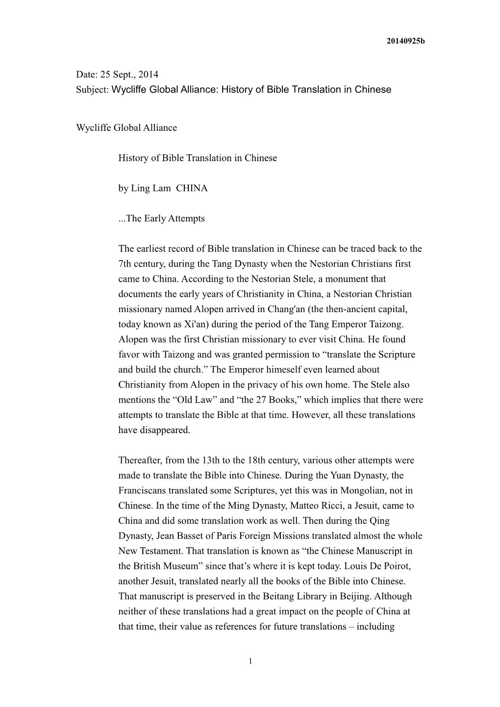 Subject:Wycliffe Global Alliance: History of Bible Translation in Chinese