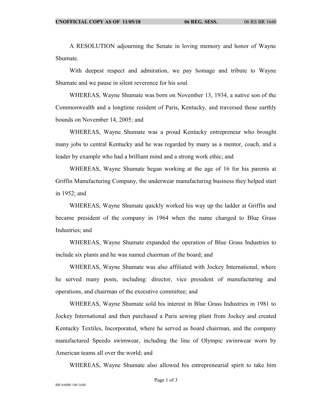 A RESOLUTION Adjourning the Senate in Loving Memory and Honor of Wayne Shumate