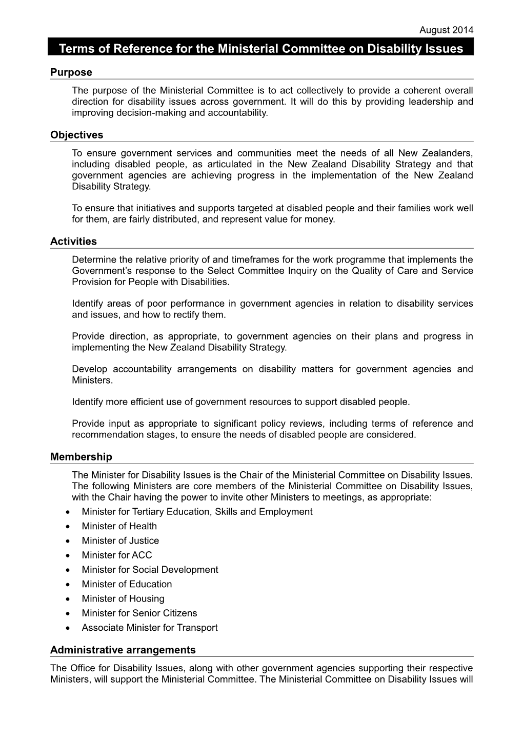 Terms of Reference for the Ministerial Committee on Disability Issues