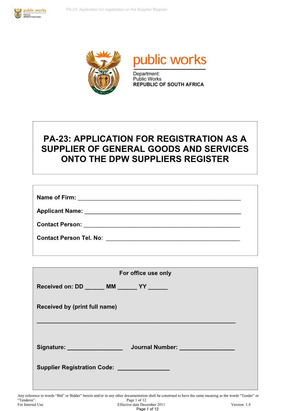 Terms of Reference for Registration Ontodepartment of Public Works (DPW) Suppliers Register