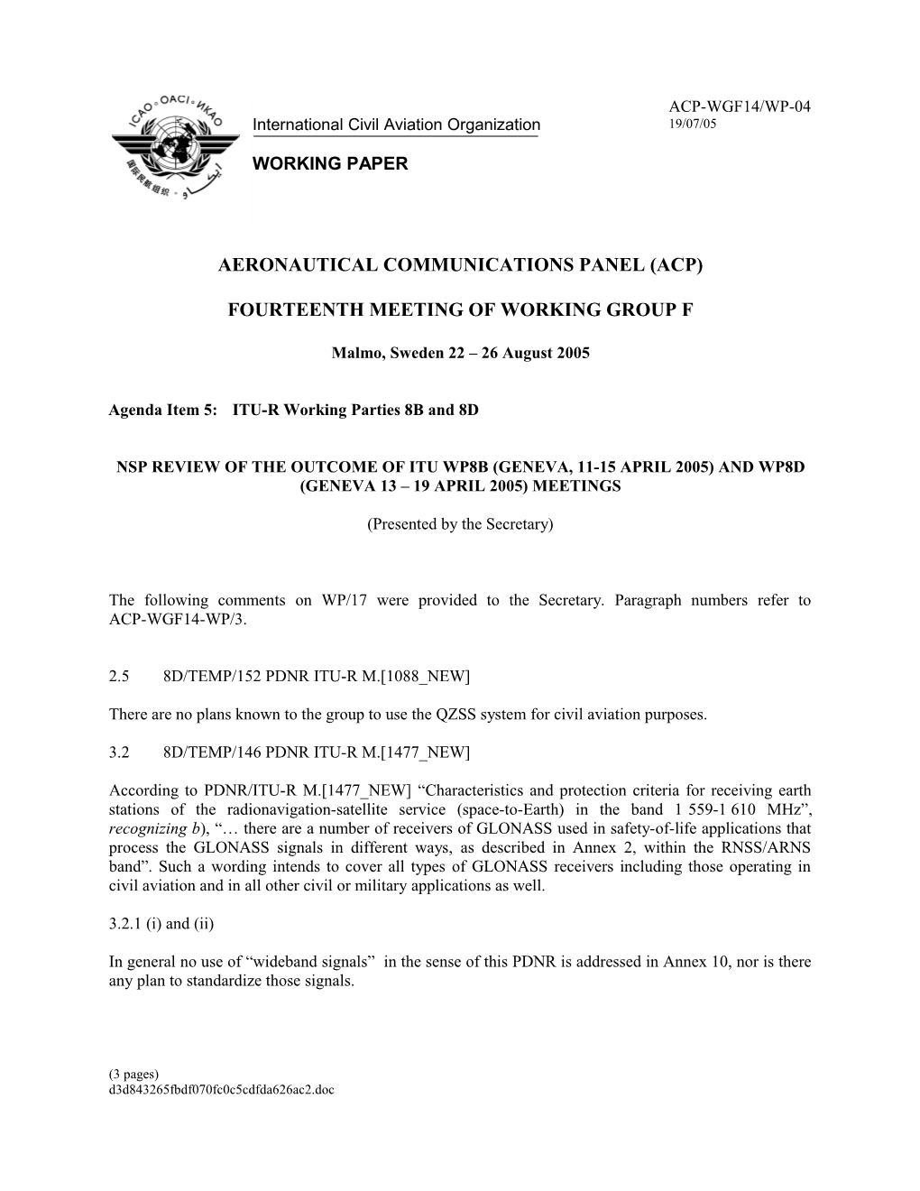 NSP Review of the Outcome of ITU WP8B (Geneva, 11-15 April 2005) and WP8D (Geneva, 13-19