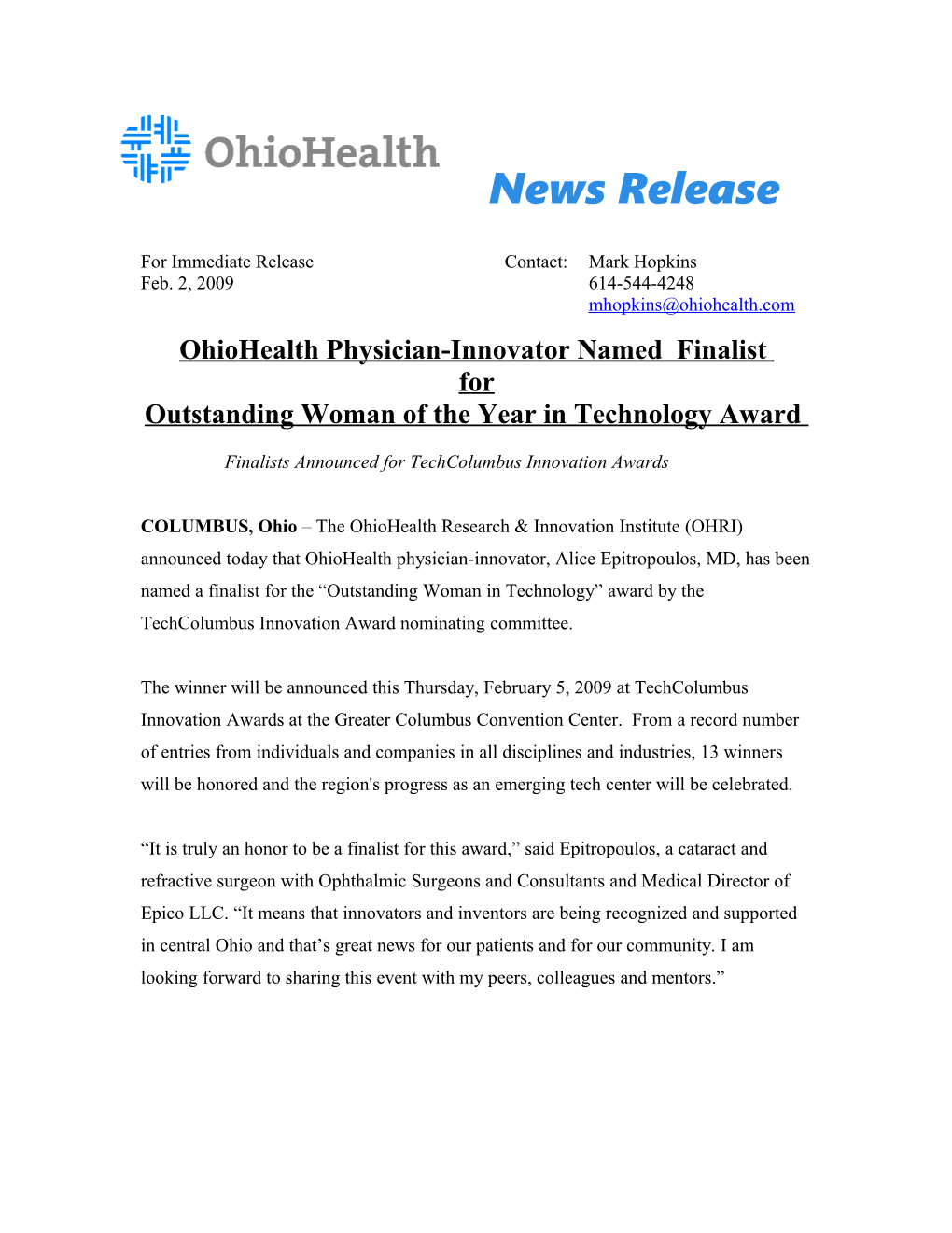 Ohiohealth Physician-Innovator Named Finalist